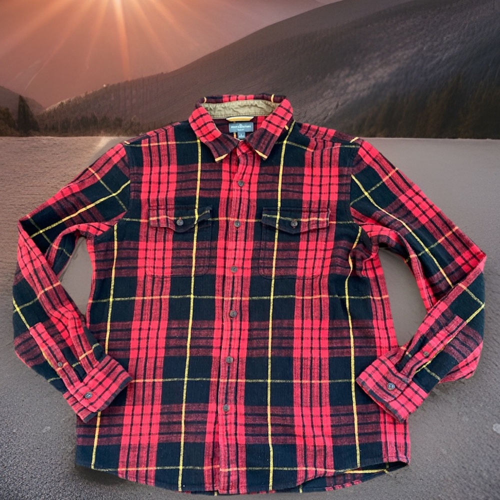 L.L. Bean Signature Chamois Flannel Mens Large Slim Fit Red Plaid Button Up